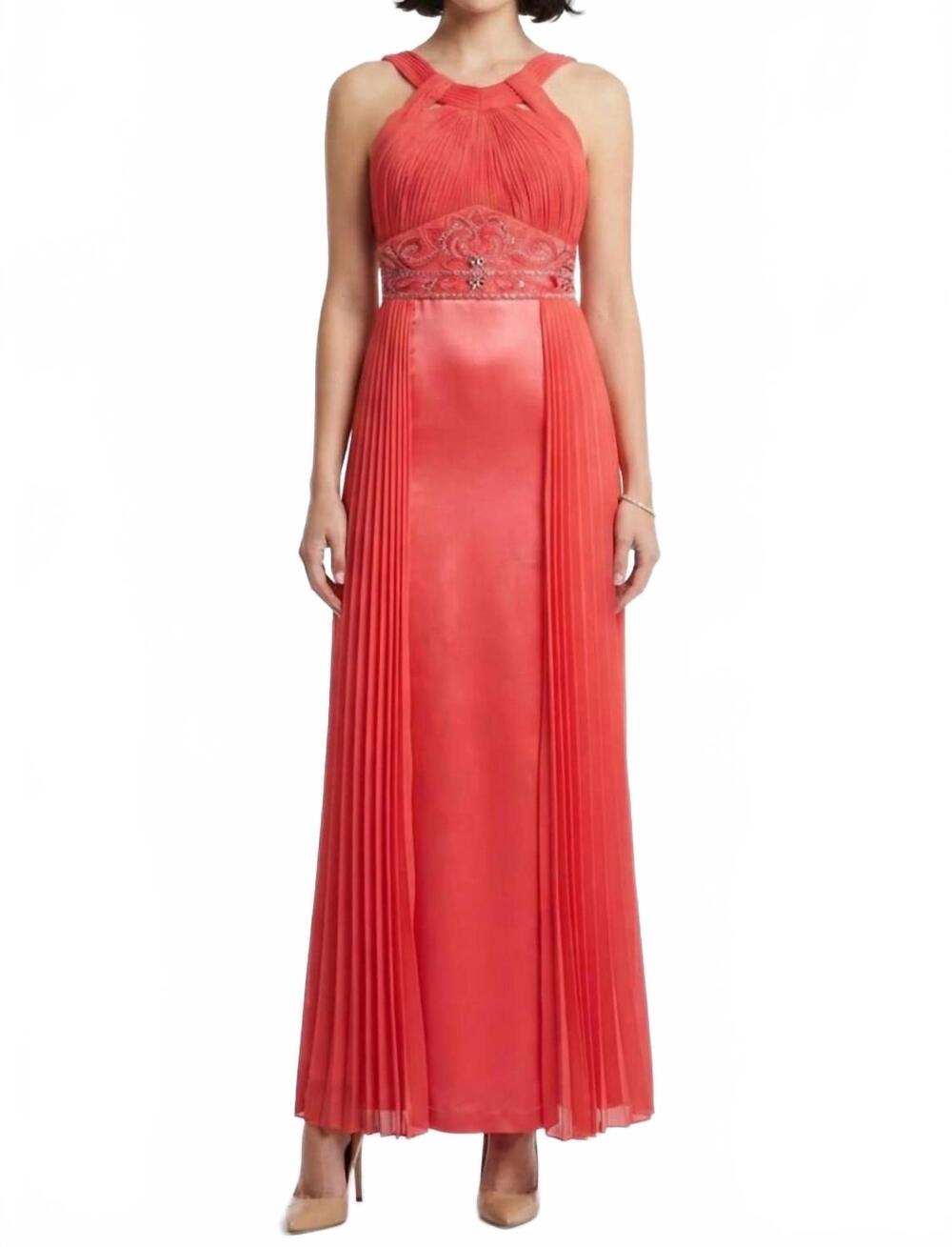 NEW SUE WONG halter-style beaded waist accordion dress in persimmon